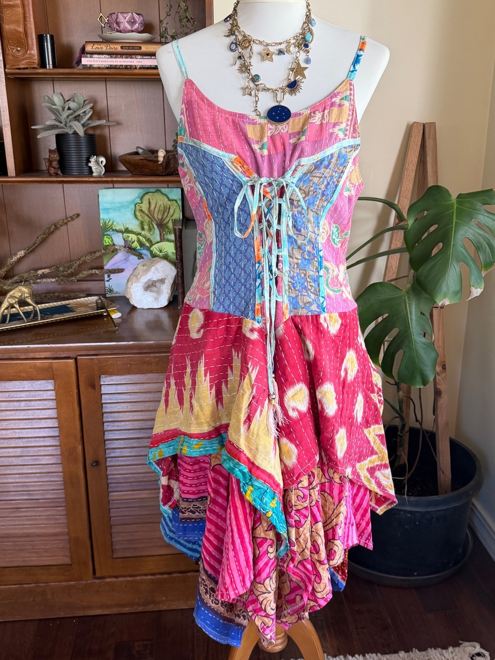 Wevez Kantha Bohemian Patchwork Pixie Skirt Corset Sundress Pink Multi OS - Picture 5 of 14